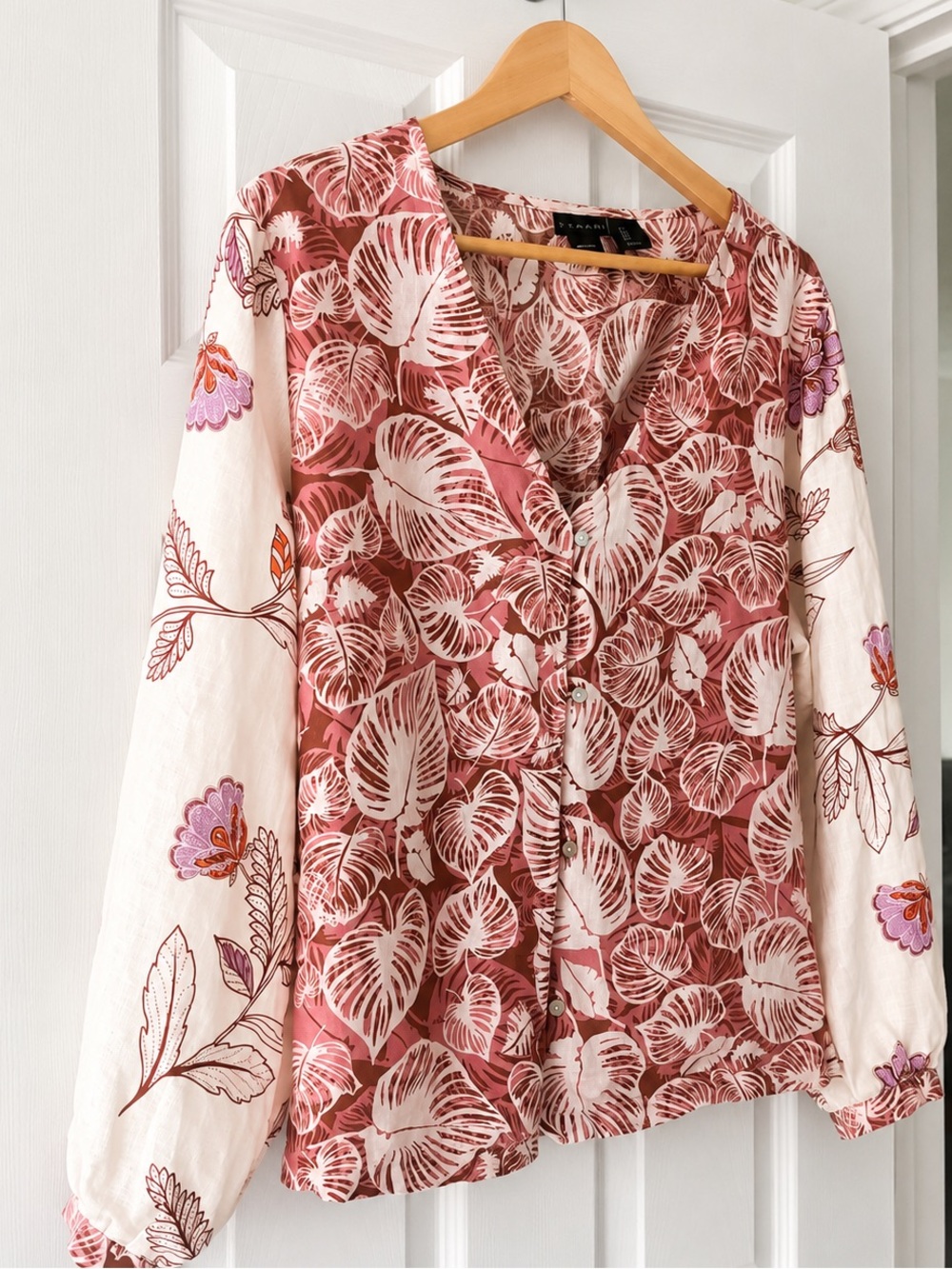 tahari • 100% Linen Tropical Leaf Print Blouse Large Boho Coastal Resort AOP - Picture 3 of 8